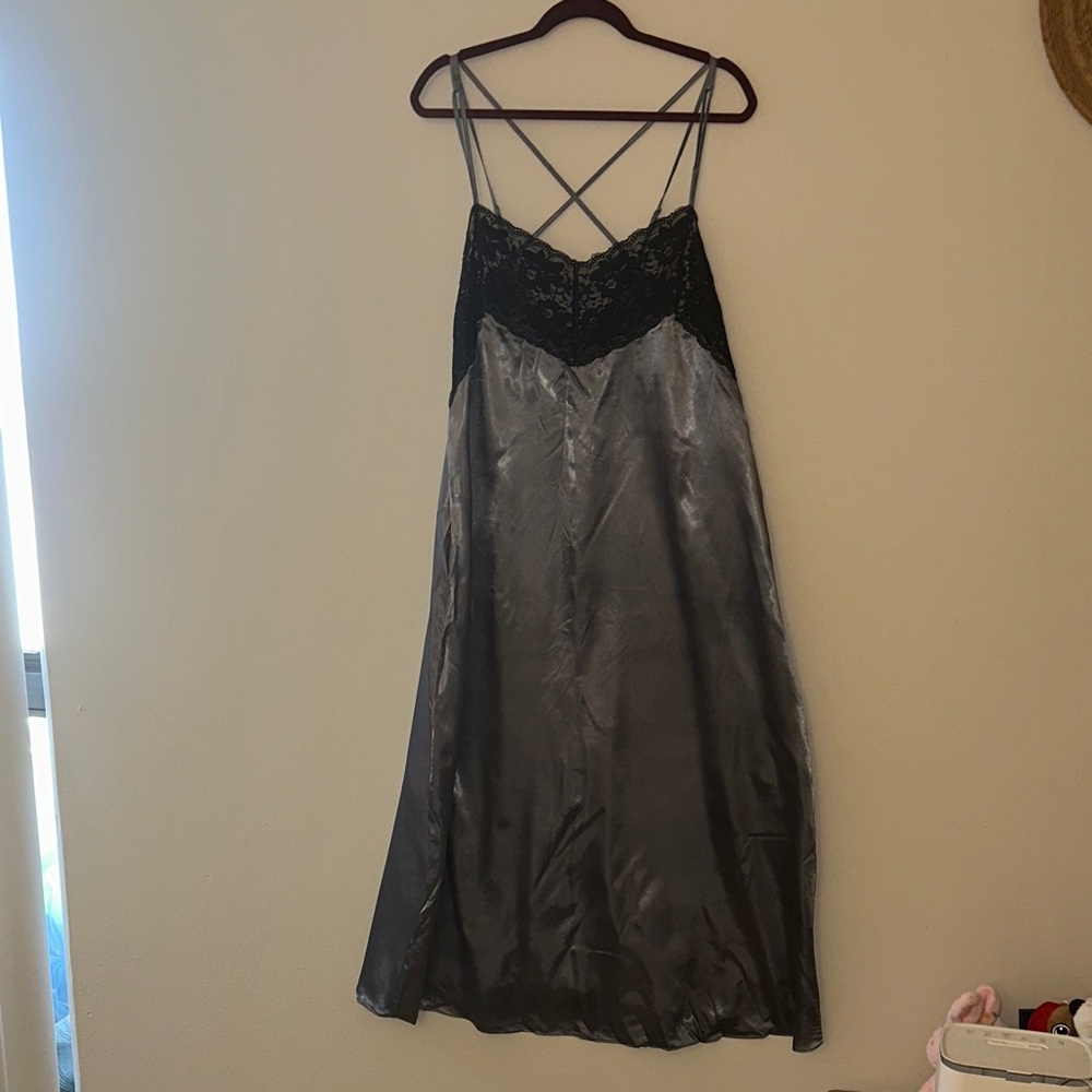 Woman Within Black Lace and Gray Satin Chemise